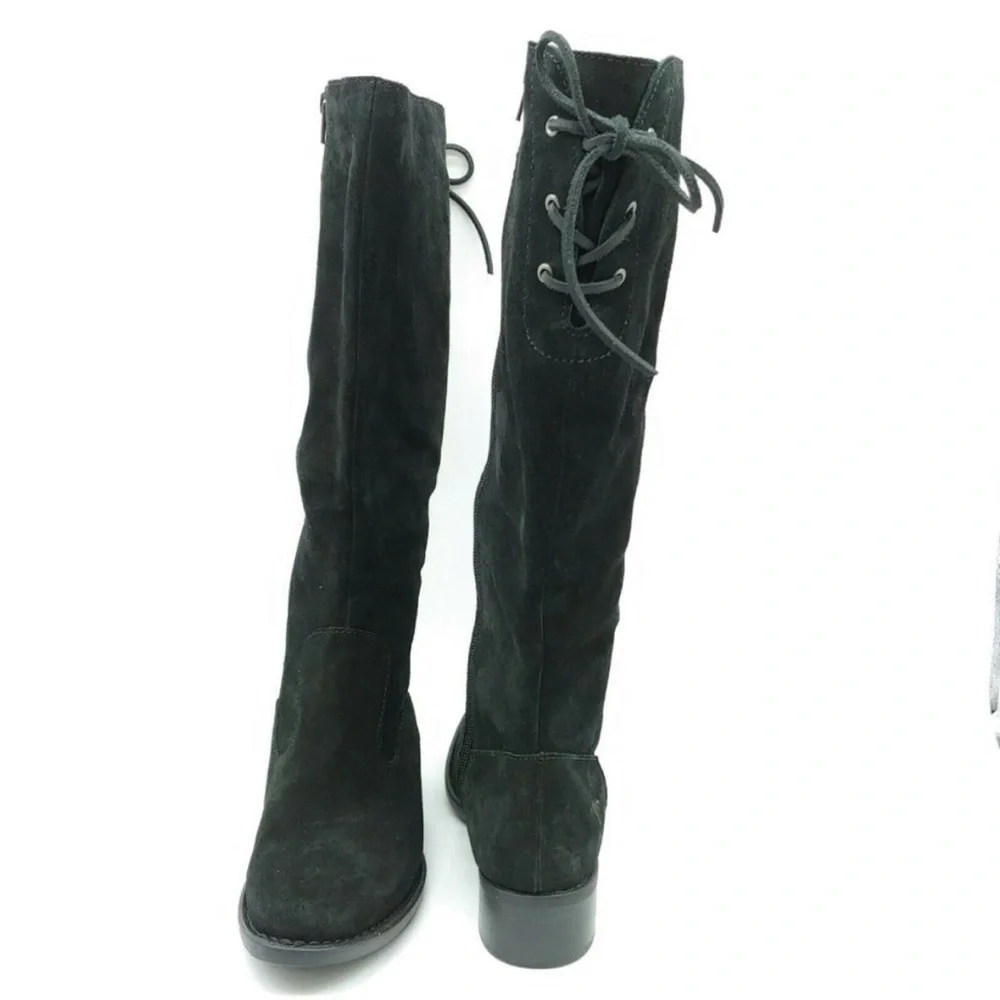 Born Womens Tall Lace Up Back Zip Flannel Lined Black Suede Leather Boot 6.5